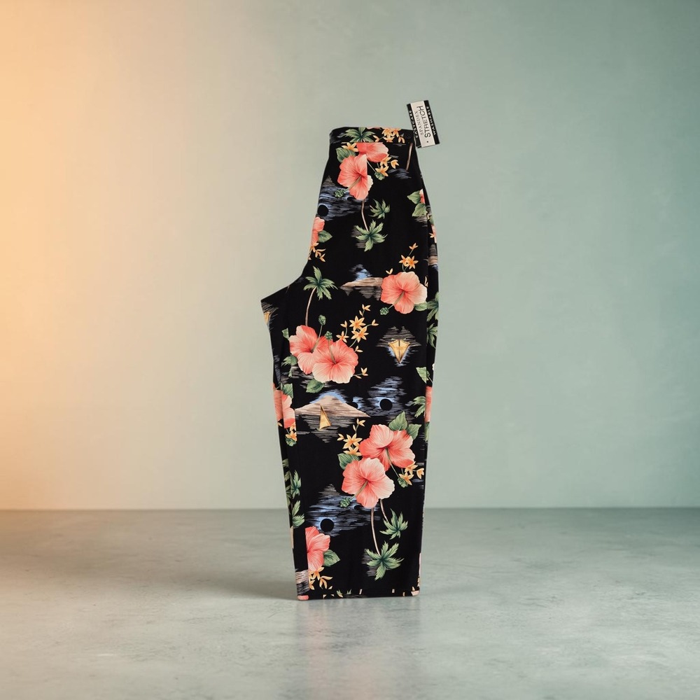 NWT Briggs Women Tropical Hibiscus Floral High Waisted Stretch Pants Black SZ 8